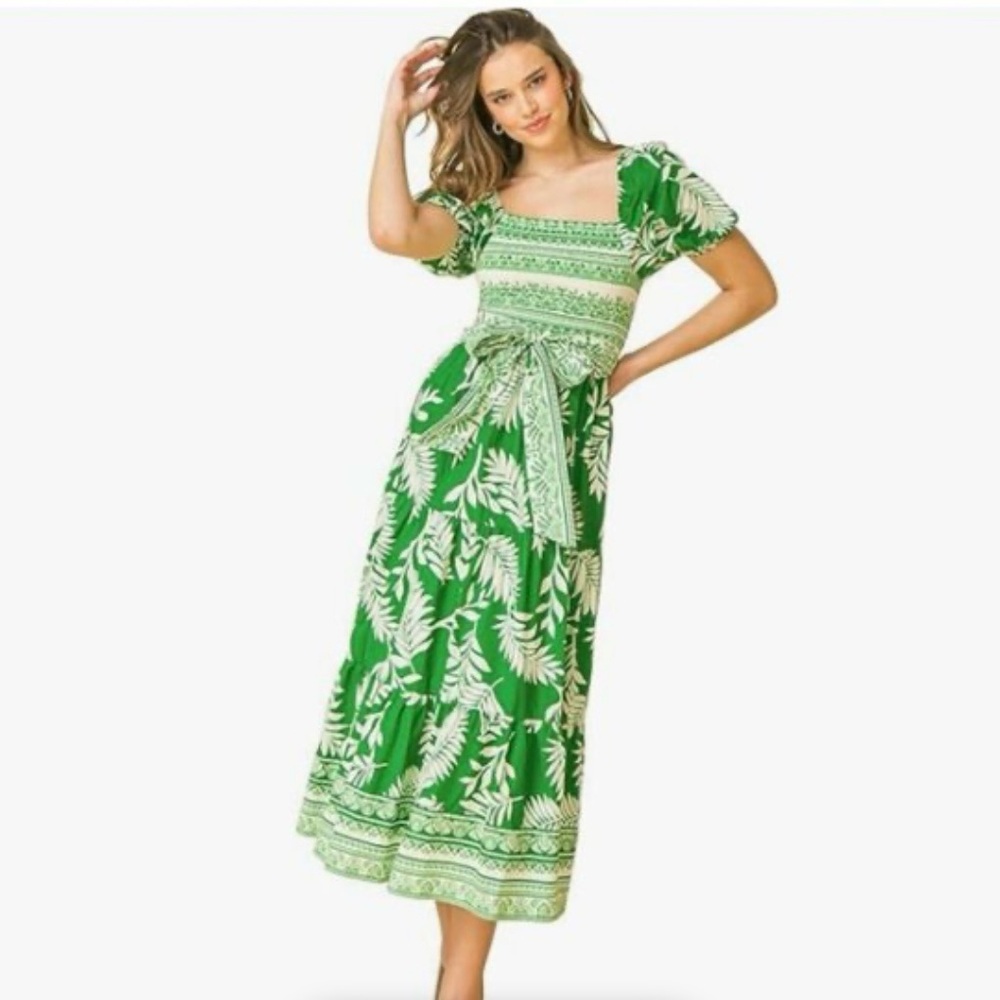 Aura green tropical print smocked bodice midi dress